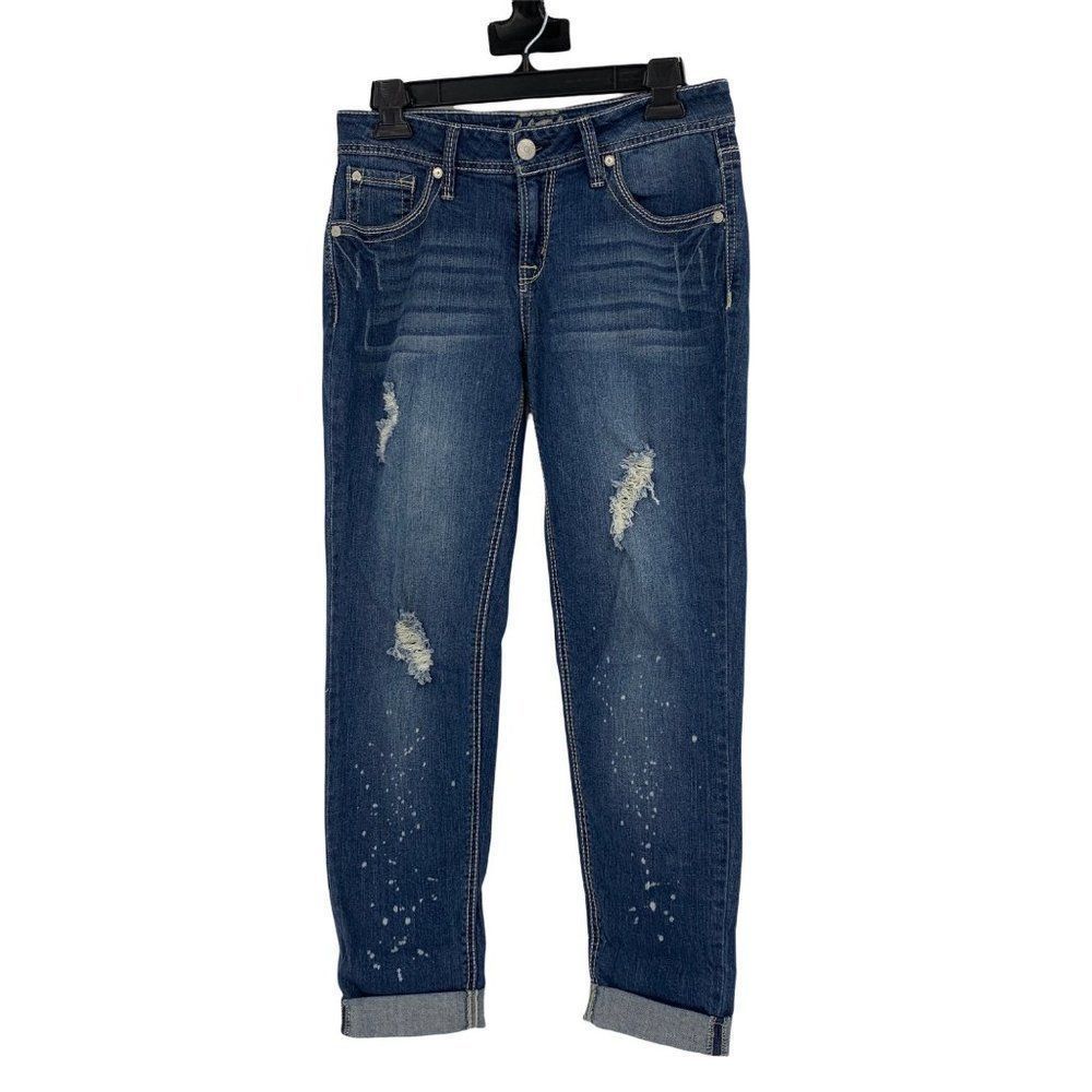 Womans Wallflower Jeans Sz 3 Jr Cuffed Distress Straight Leg Bling Stretch 0319